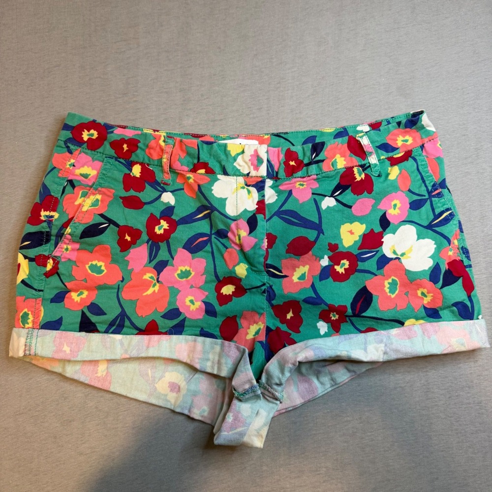 Elle Womens Floral Chino Shorts Teal Green Pink Size‎ 12 Cuffed Cotton Blend